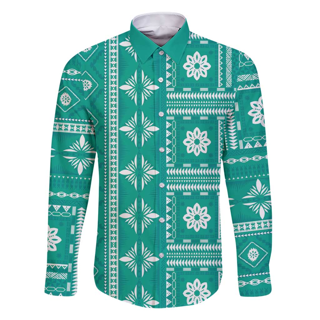 Fiji Masi All Teal Family Matching Short Sleeve Bodycon Dress and Hawaiian Shirt Tapa Pattern - Polynesian Pride