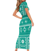 Fiji Masi All Teal Family Matching Short Sleeve Bodycon Dress and Hawaiian Shirt Tapa Pattern - Polynesian Pride