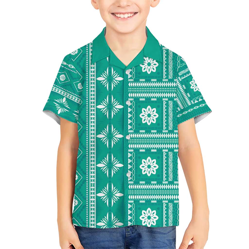 Fiji Masi All Teal Family Matching Short Sleeve Bodycon Dress and Hawaiian Shirt Tapa Pattern - Polynesian Pride