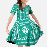 Fiji Masi All Teal Kid Short Sleeve Dress Tapa Pattern - Polynesian Pride
