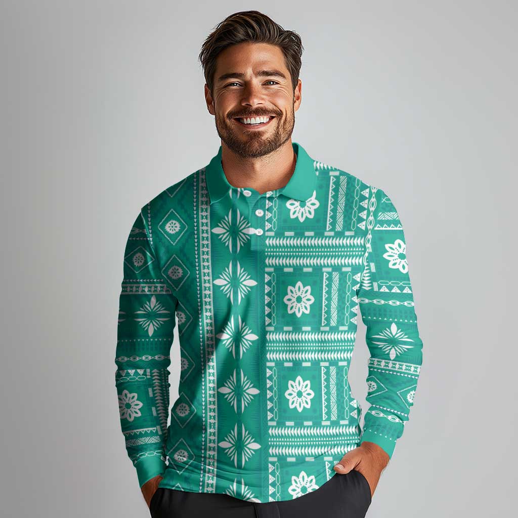 Fiji Masi All Teal Long Sleeve Polo Shirt Tapa Pattern - Polynesian Pride