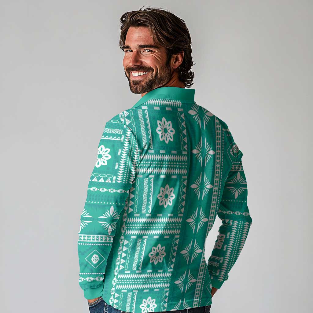 Fiji Masi All Teal Long Sleeve Polo Shirt Tapa Pattern - Polynesian Pride