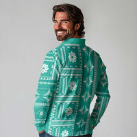 Fiji Masi All Teal Long Sleeve Polo Shirt Tapa Pattern - Polynesian Pride