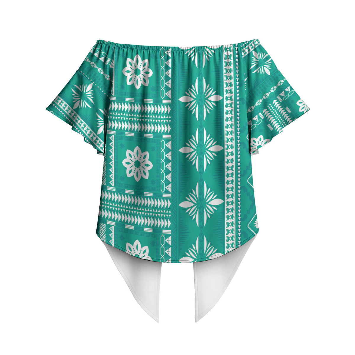 Fiji Masi All Teal Off Shoulder Wrap Waist Top Tapa Pattern LT01 - Polynesian Pride
