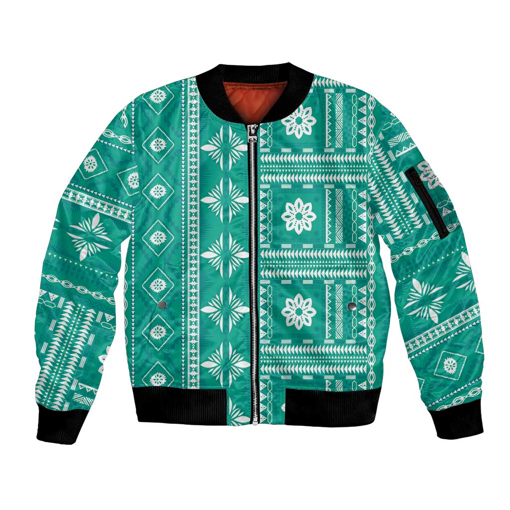 Fiji Masi All Teal Sleeve Zip Bomber Jacket Tapa Pattern LT01 Unisex Teal - Polynesian Pride