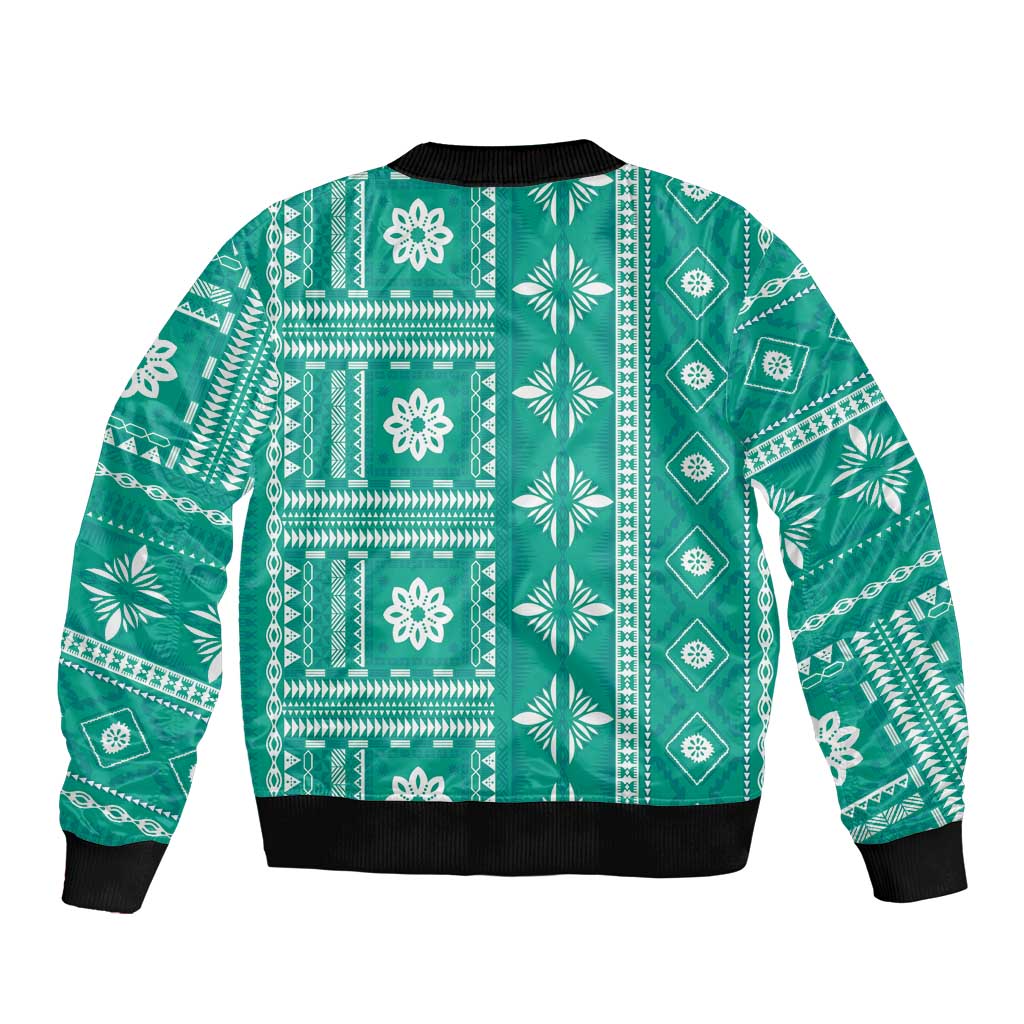 Fiji Masi All Teal Sleeve Zip Bomber Jacket Tapa Pattern LT01 - Polynesian Pride
