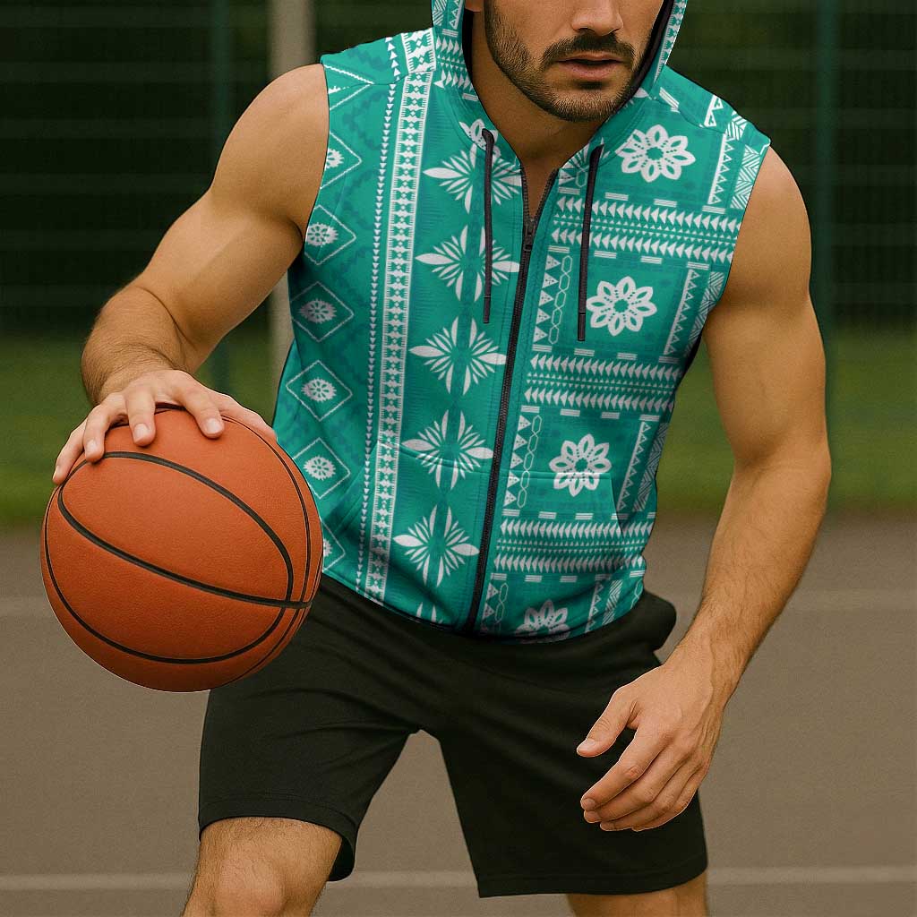 Fiji Masi All Teal Sleeveless Zip Hoodie Tapa Pattern - Polynesian Pride