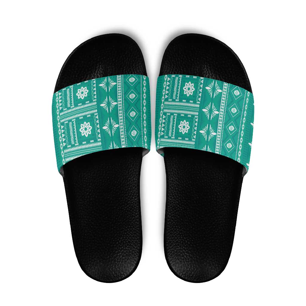 Fiji Masi All Teal Slide Sandals Tapa Pattern - Polynesian Pride