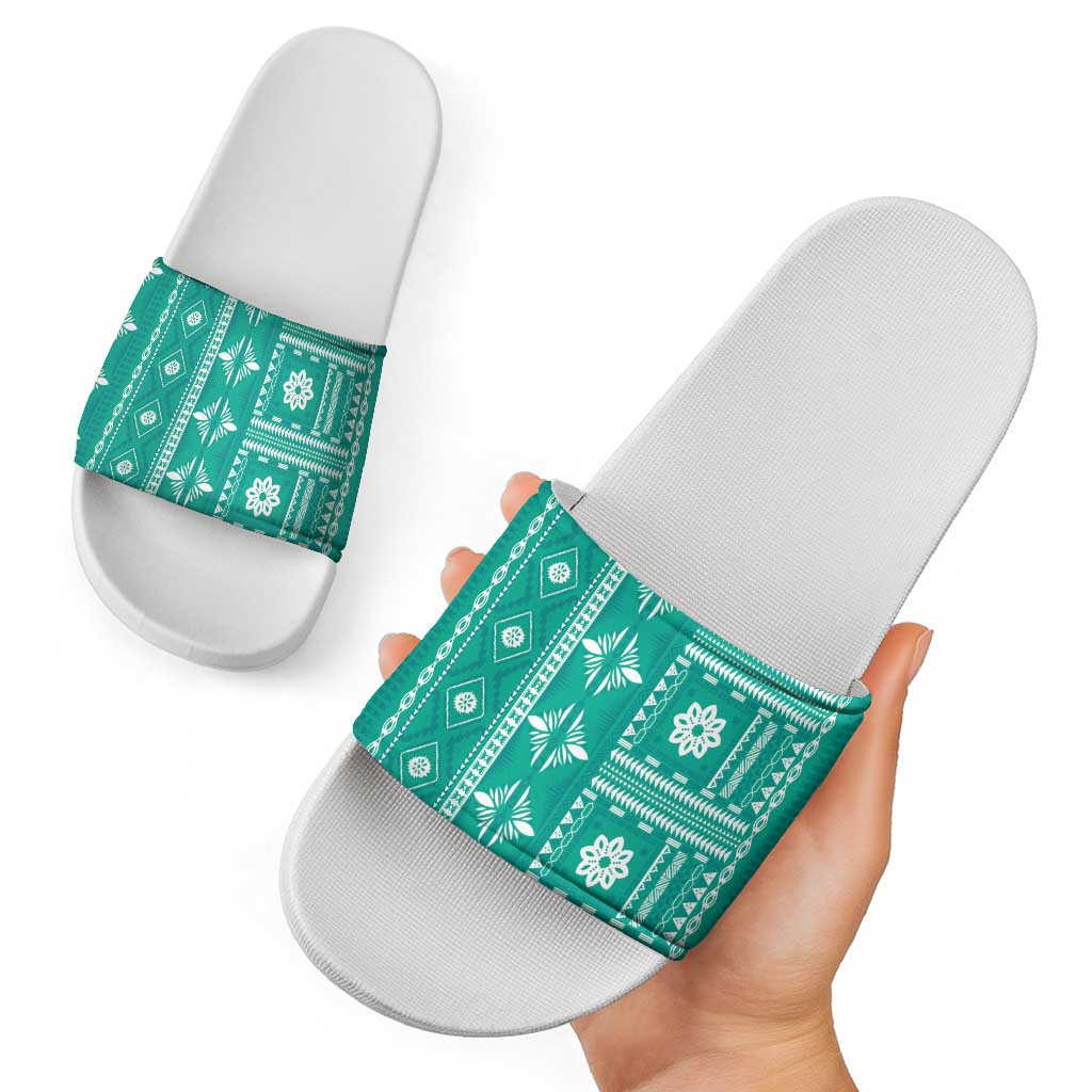 Fiji Masi All Teal Slide Sandals Tapa Pattern - Polynesian Pride
