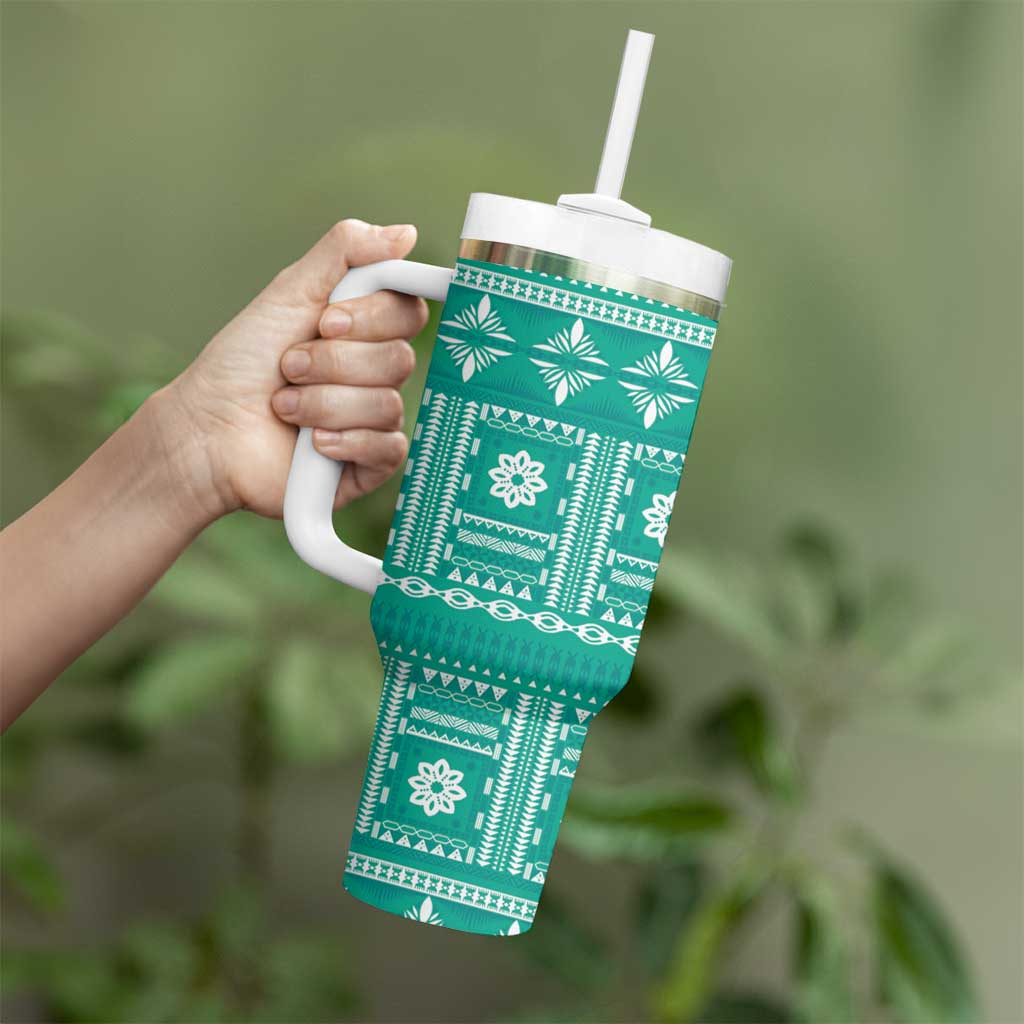 Fiji Masi All Teal Tumbler With Handle Tapa Pattern - Polynesian Pride