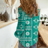Fiji Masi All Teal Women Casual Shirt Tapa Pattern - Polynesian Pride