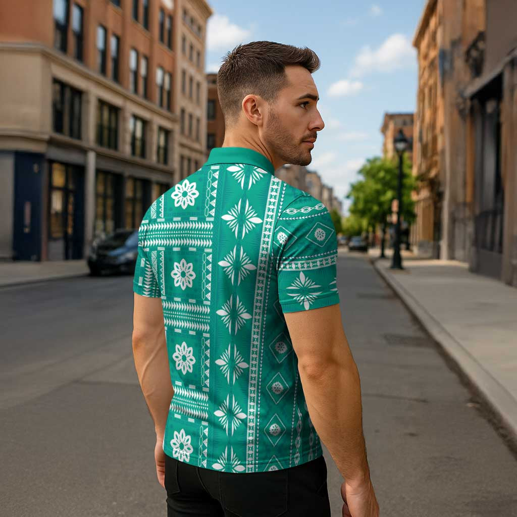 Fiji Masi All Teal Zipper Polo Shirt Tapa Pattern - Polynesian Pride