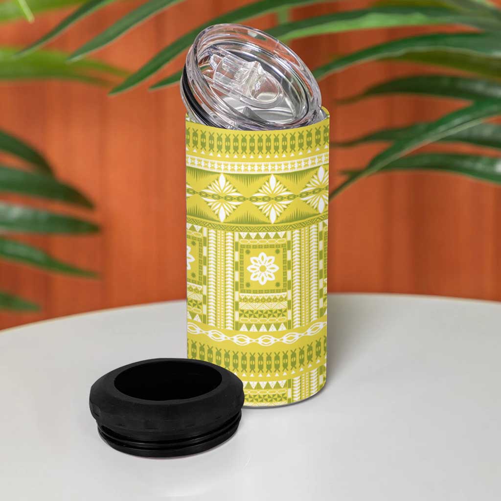 Fiji Masi All Yellow 4 in 1 Can Cooler Tumbler Tapa Pattern - Polynesian Pride