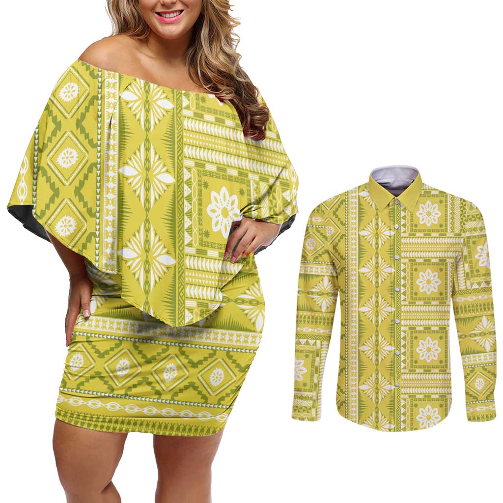 Fiji Masi All Yellow Couples Matching Off Shoulder Short Dress and Long Sleeve Button Shirt Tapa Pattern LT01 Yellow - Polynesian Pride