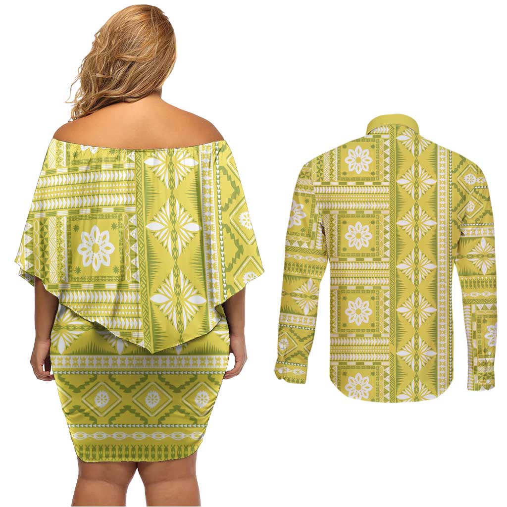 Fiji Masi All Yellow Couples Matching Off Shoulder Short Dress and Long Sleeve Button Shirt Tapa Pattern LT01 - Polynesian Pride