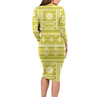 Fiji Masi All Yellow Family Matching Long Sleeve Bodycon Dress and Hawaiian Shirt Tapa Pattern - Polynesian Pride