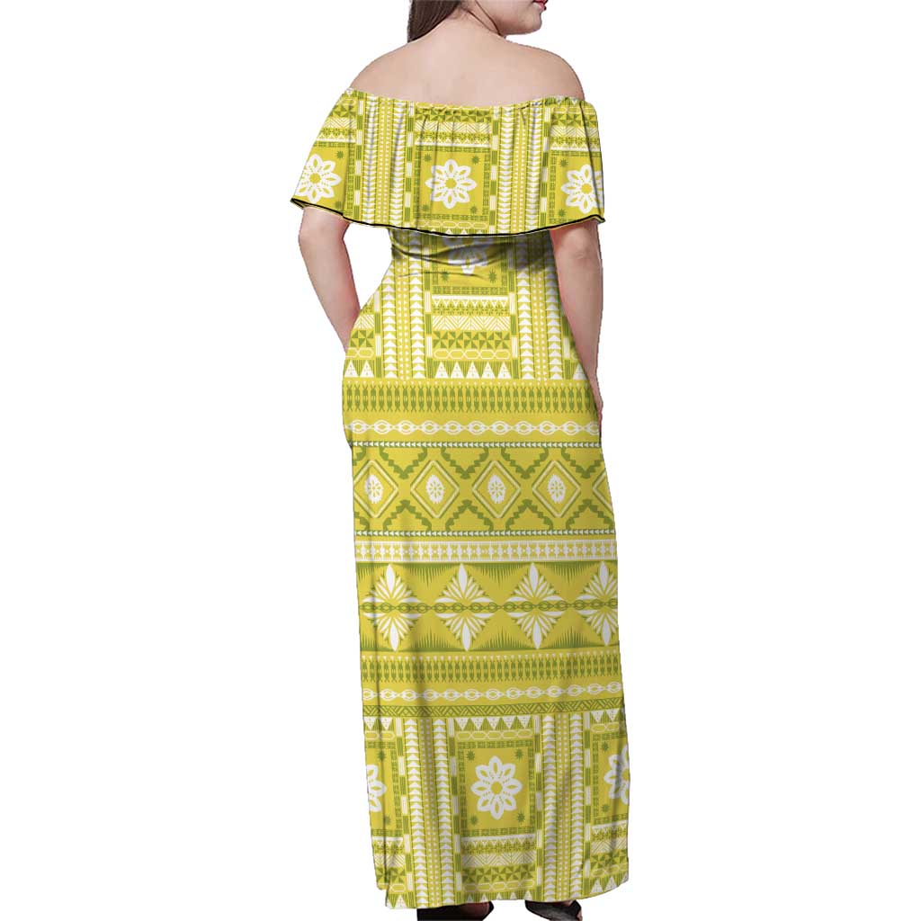 Fiji Masi All Yellow Family Matching Off Shoulder Maxi Dress and Hawaiian Shirt Tapa Pattern - Polynesian Pride
