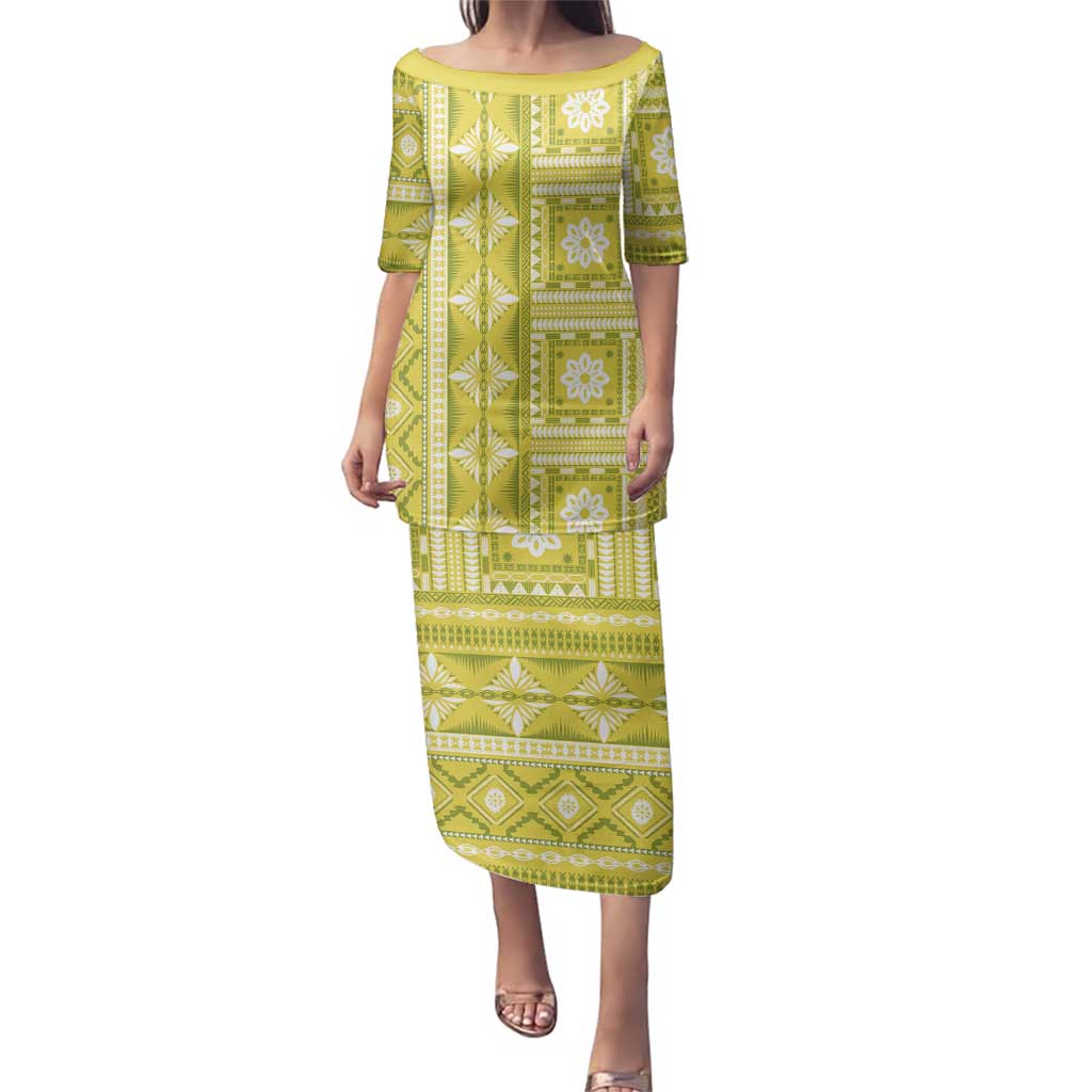 Fiji Masi All Yellow Family Matching Puletasi and Hawaiian Shirt Tapa Pattern - Polynesian Pride