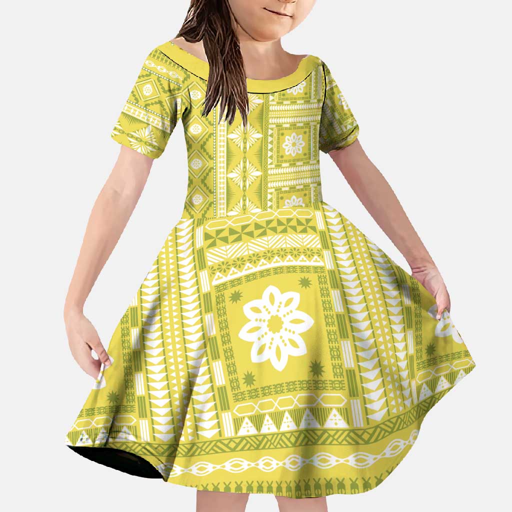 Fiji Masi All Yellow Family Matching Tank Maxi Dress and Hawaiian Shirt Tapa Pattern - Polynesian Pride
