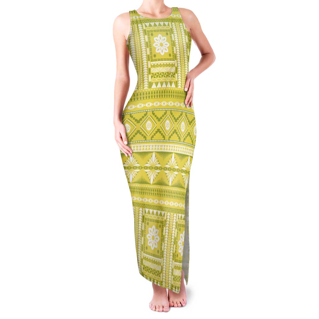 Fiji Masi All Yellow Family Matching Tank Maxi Dress and Hawaiian Shirt Tapa Pattern - Polynesian Pride