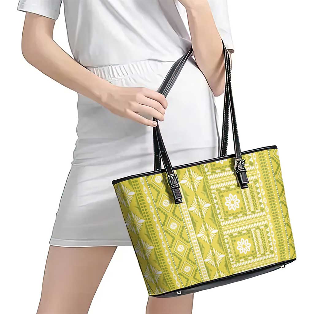 Fiji Masi All Yellow Leather Tote Bag Tapa Pattern - Polynesian Pride