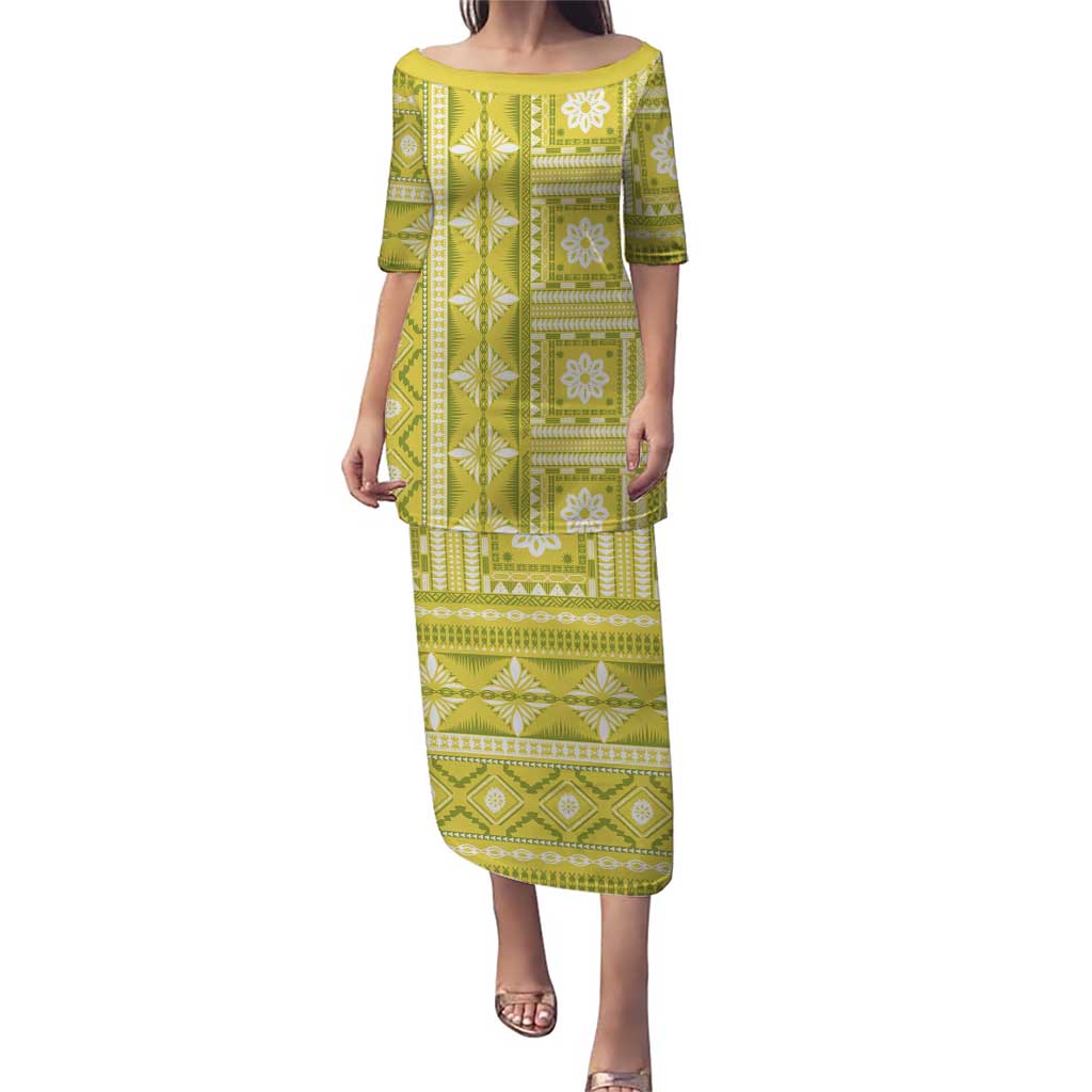 Fiji Masi All Yellow Puletasi Tapa Pattern - Polynesian Pride