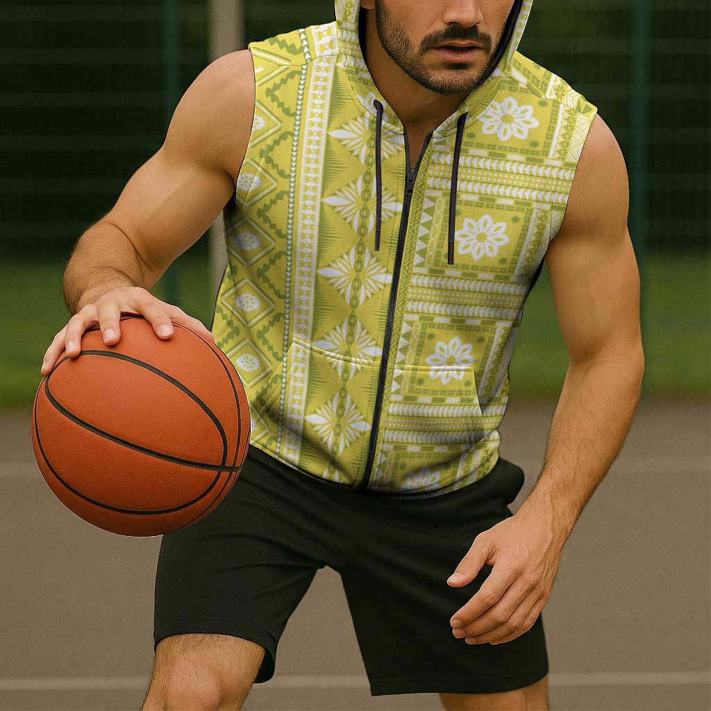 Fiji Masi All Yellow Sleeveless Zip Hoodie Tapa Pattern - Polynesian Pride