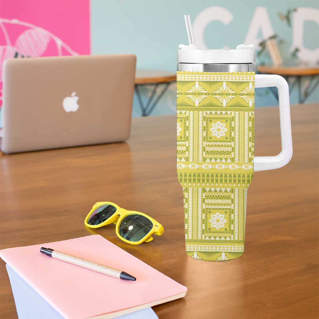 Fiji Masi All Yellow Tumbler With Handle Tapa Pattern - Polynesian Pride