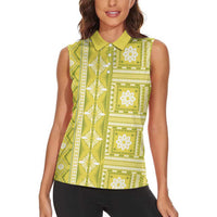 Fiji Masi All Yellow Women Sleeveless Polo Shirt Tapa Pattern - Polynesian Pride