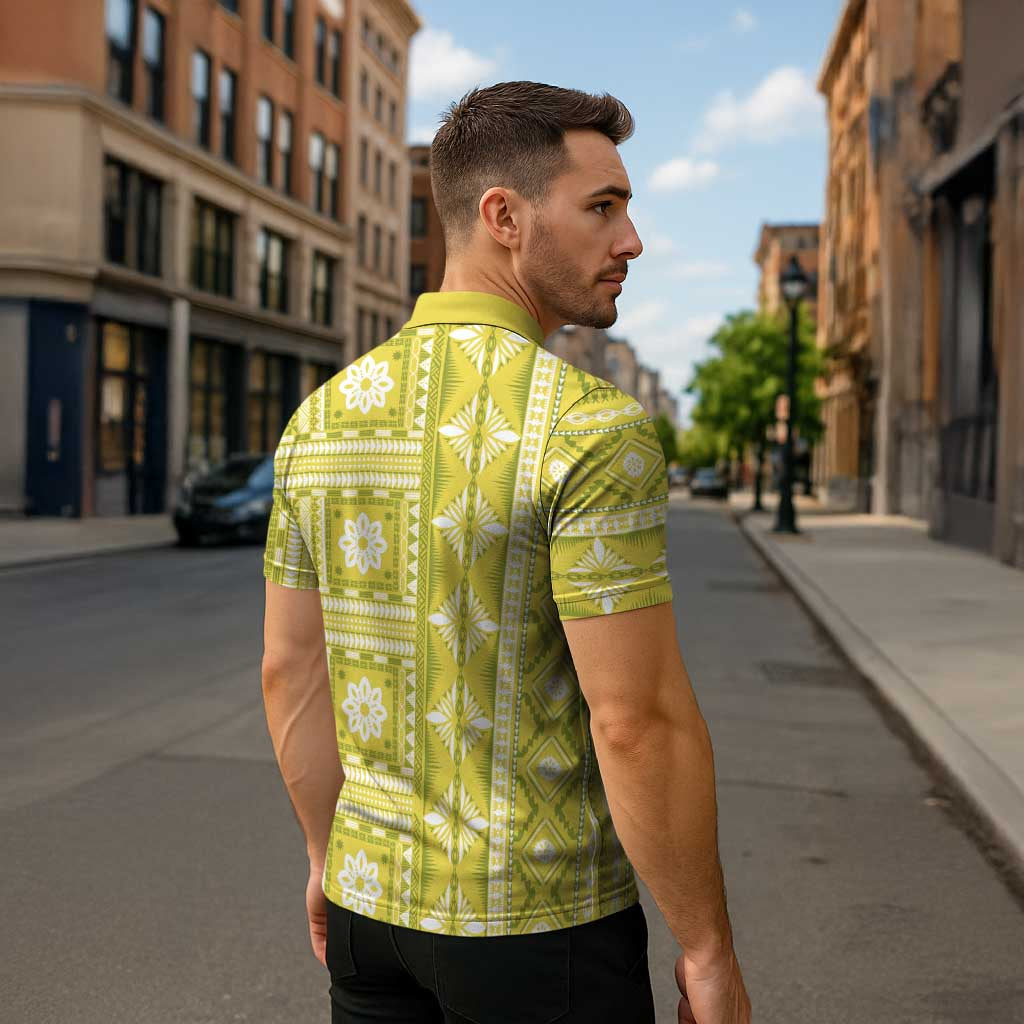 Fiji Masi All Yellow Zipper Polo Shirt Tapa Pattern - Polynesian Pride