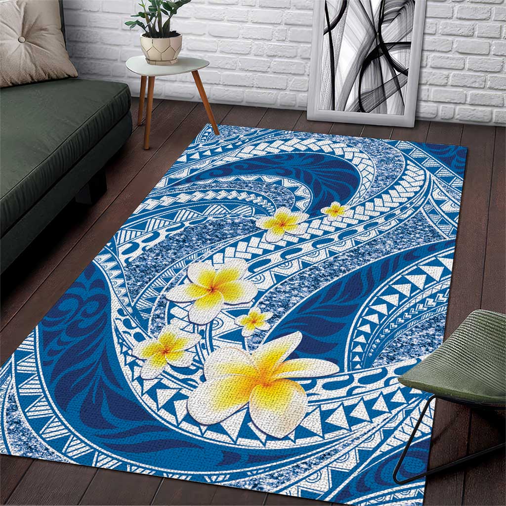 Plumeria Polynesian Blue Glitter Pattern Area Rug