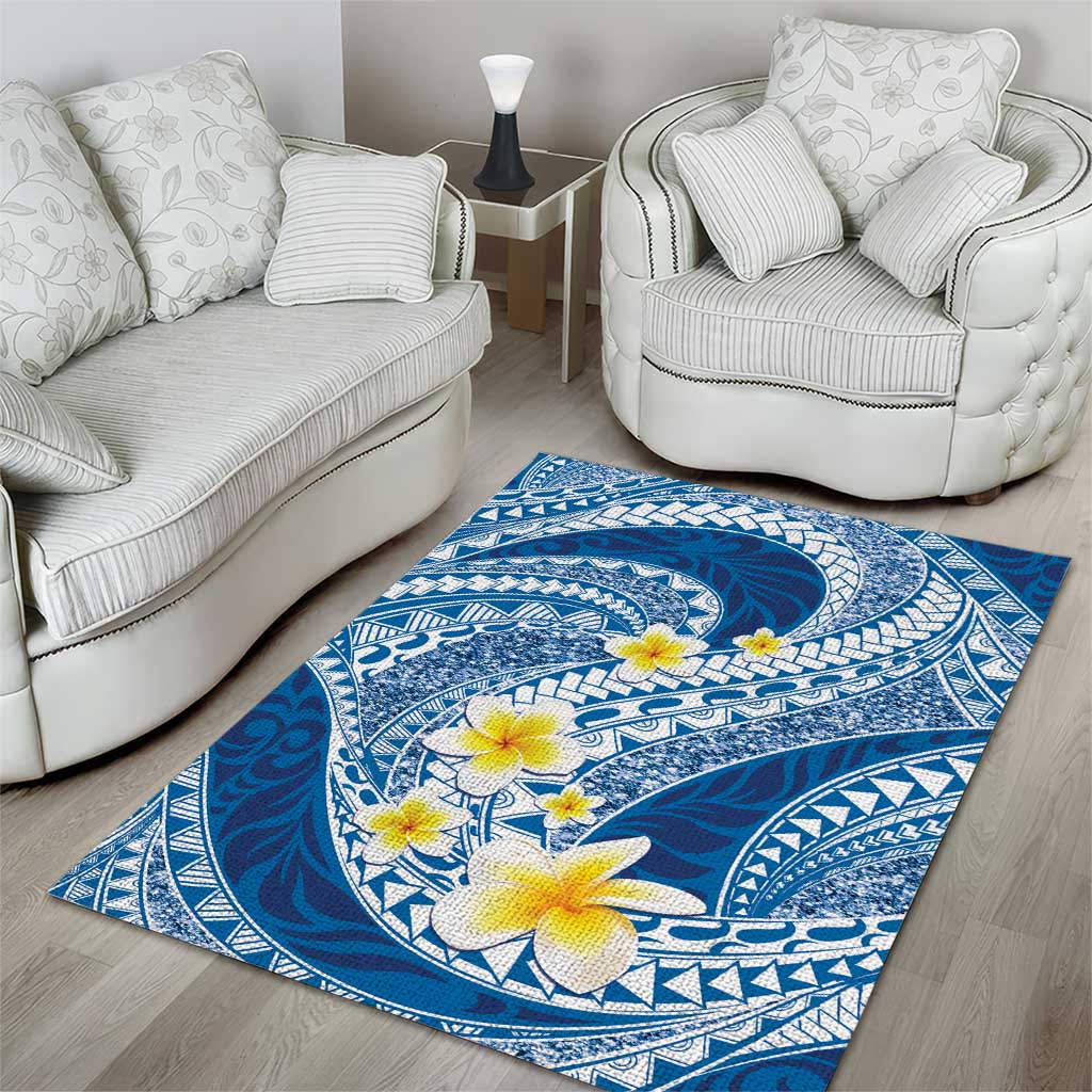Plumeria Polynesian Blue Glitter Pattern Area Rug