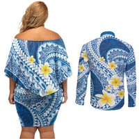 Plumeria Polynesian Blue Glitter Pattern Couples Matching Off Shoulder Short Dress and Long Sleeve Button Shirt