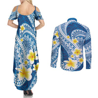 Plumeria Polynesian Blue Glitter Pattern Couples Matching Summer Maxi Dress and Long Sleeve Button Shirt