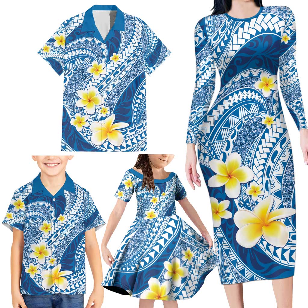 Plumeria Polynesian Blue Glitter Pattern Family Matching Long Sleeve Bodycon Dress and Hawaiian Shirt LT01 - Polynesian Pride