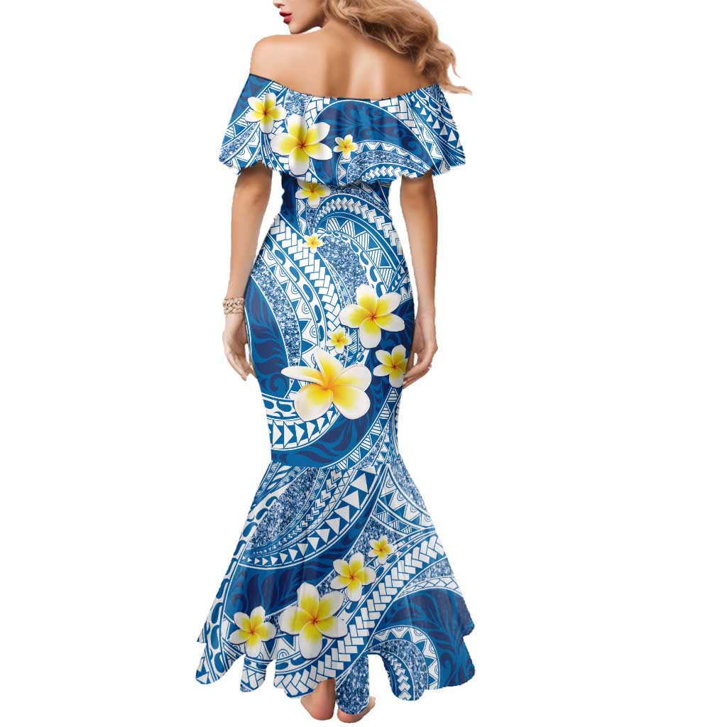 Plumeria Polynesian Blue Glitter Pattern Family Matching Mermaid Dress and Hawaiian Shirt