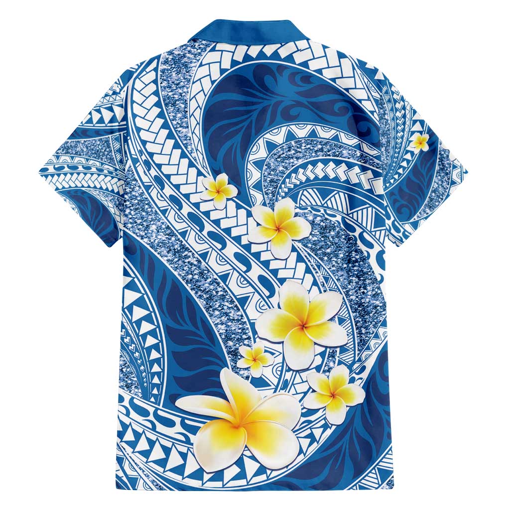 Plumeria Polynesian Blue Glitter Pattern Family Matching Off Shoulder Maxi Dress and Hawaiian Shirt