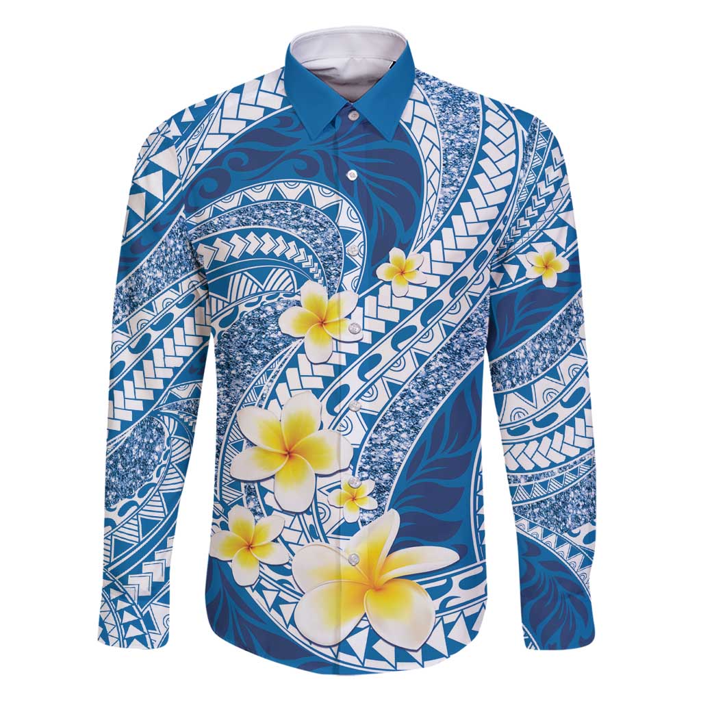 Plumeria Polynesian Blue Glitter Pattern Family Matching Off Shoulder Maxi Dress and Hawaiian Shirt