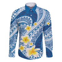 Plumeria Polynesian Blue Glitter Pattern Family Matching Off Shoulder Maxi Dress and Hawaiian Shirt