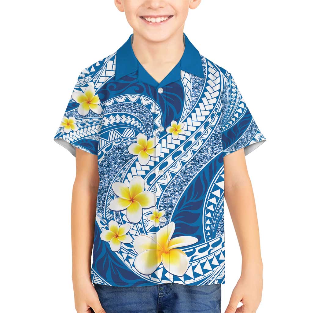Plumeria Polynesian Blue Glitter Pattern Family Matching Off Shoulder Maxi Dress and Hawaiian Shirt