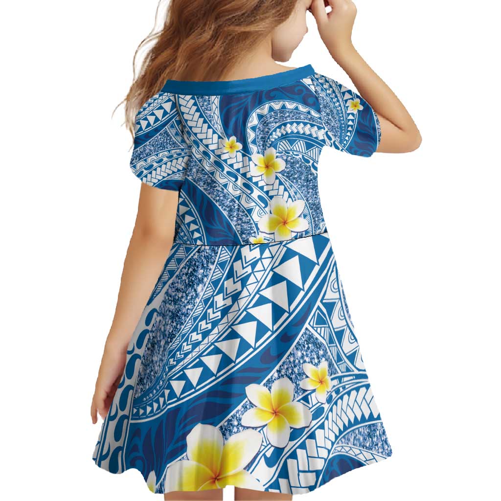 Plumeria Polynesian Blue Glitter Pattern Family Matching Short Sleeve Bodycon Dress and Hawaiian Shirt