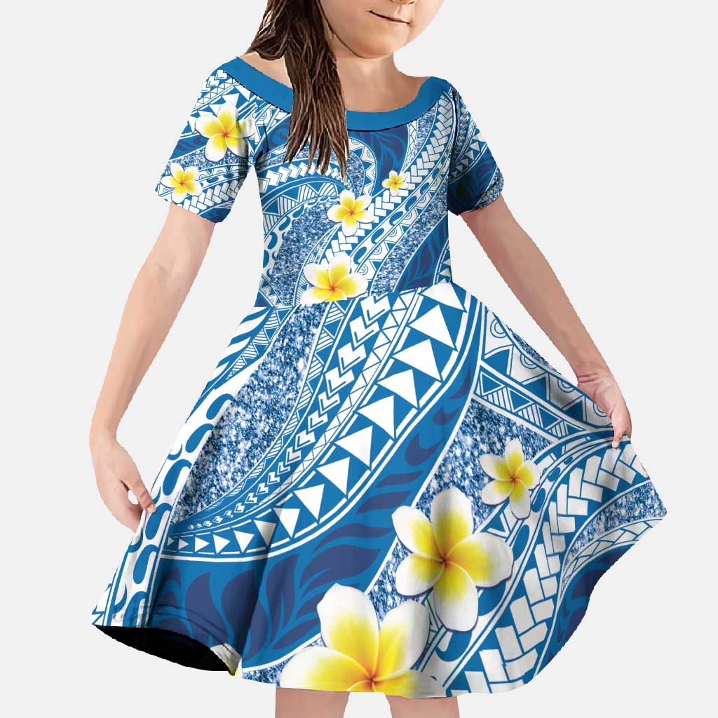 Plumeria Polynesian Blue Glitter Pattern Family Matching Tank Maxi Dress and Hawaiian Shirt