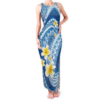 Plumeria Polynesian Blue Glitter Pattern Family Matching Tank Maxi Dress and Hawaiian Shirt