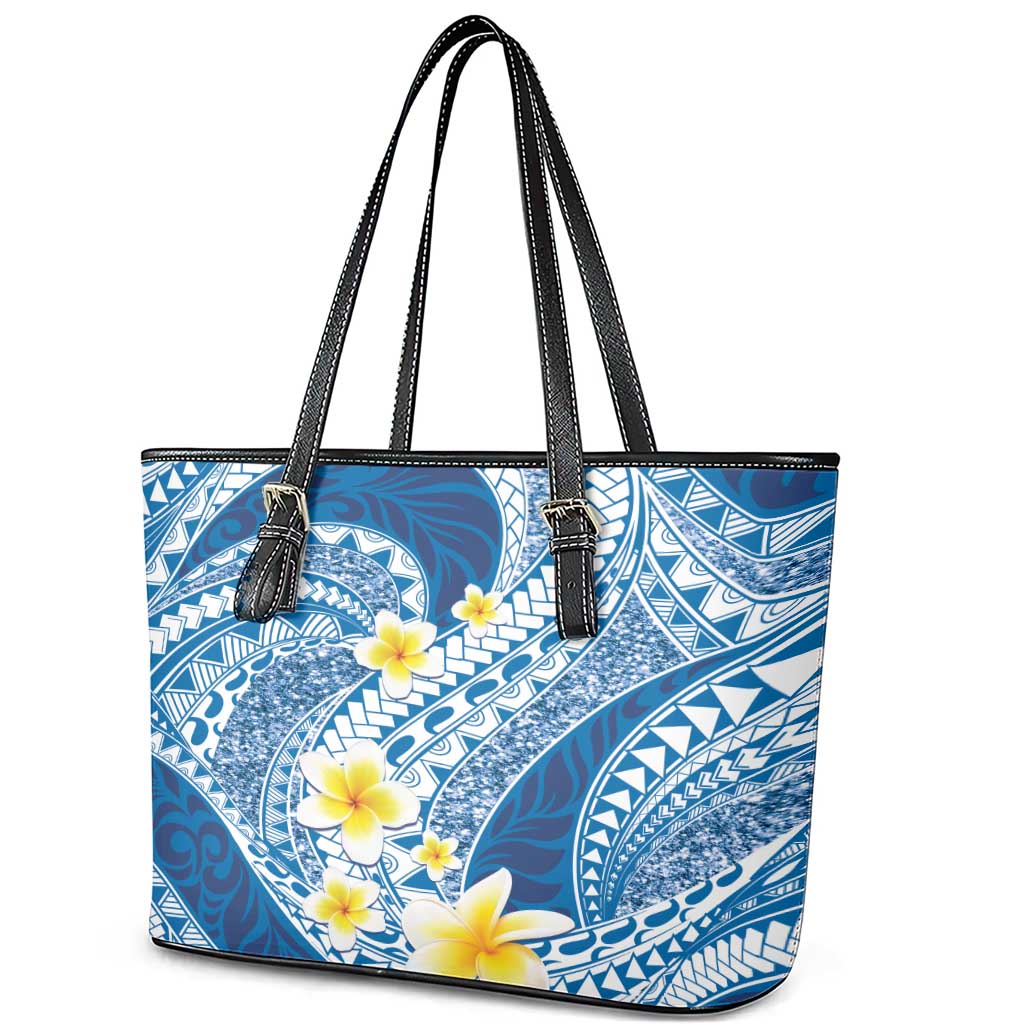 Plumeria Polynesian Blue Glitter Pattern Leather Tote Bag