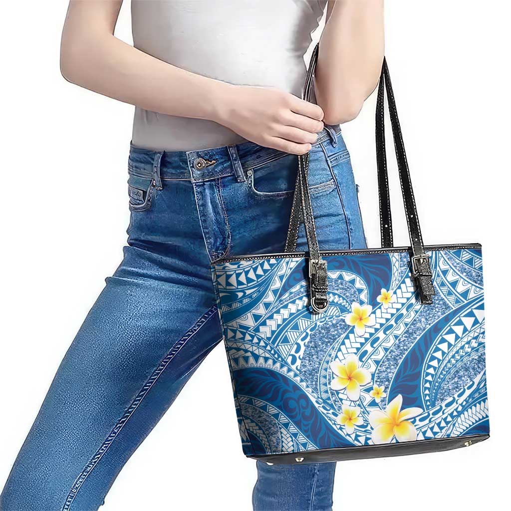 Plumeria Polynesian Blue Glitter Pattern Leather Tote Bag
