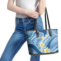 Plumeria Polynesian Blue Glitter Pattern Leather Tote Bag