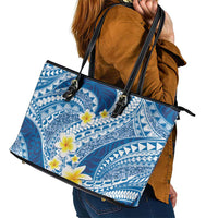 Plumeria Polynesian Blue Glitter Pattern Leather Tote Bag