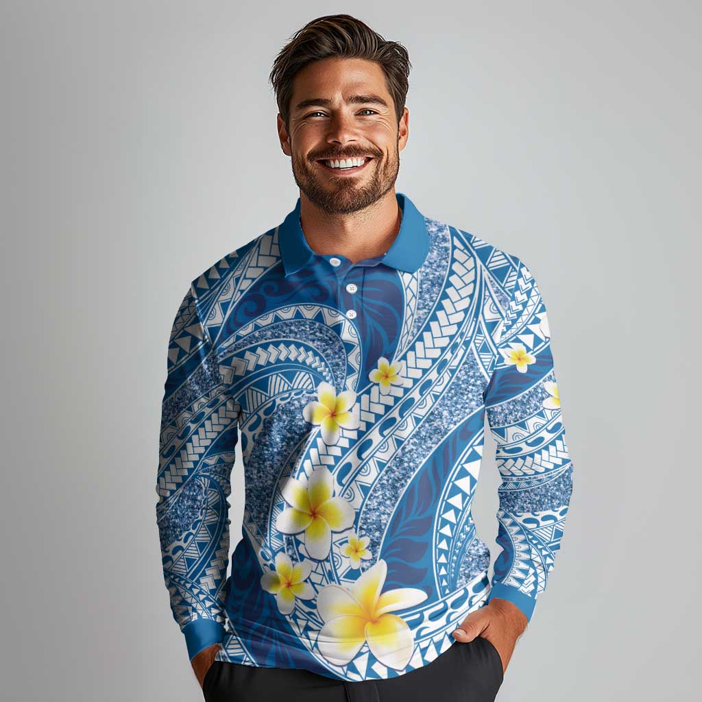 Plumeria Polynesian Blue Glitter Pattern Long Sleeve Polo Shirt