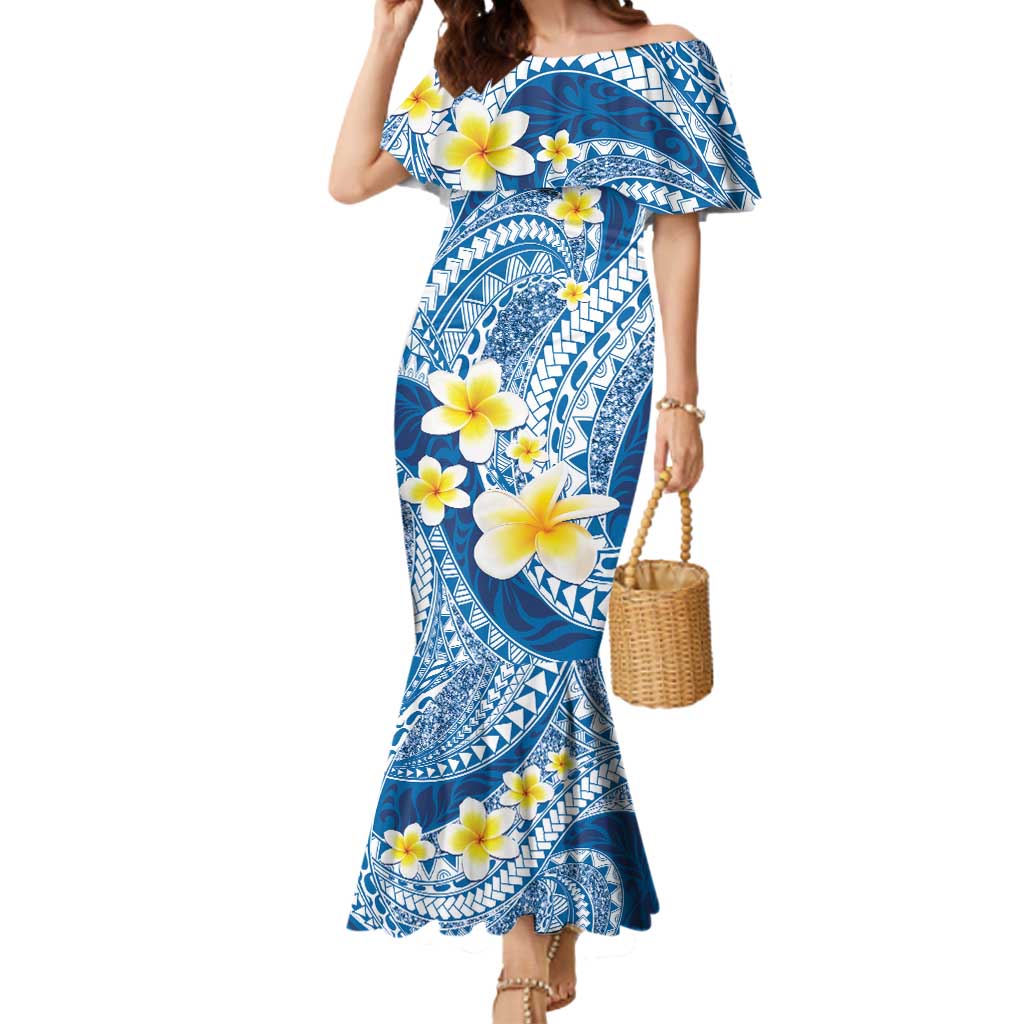 Plumeria Polynesian Blue Glitter Pattern Mermaid Dress