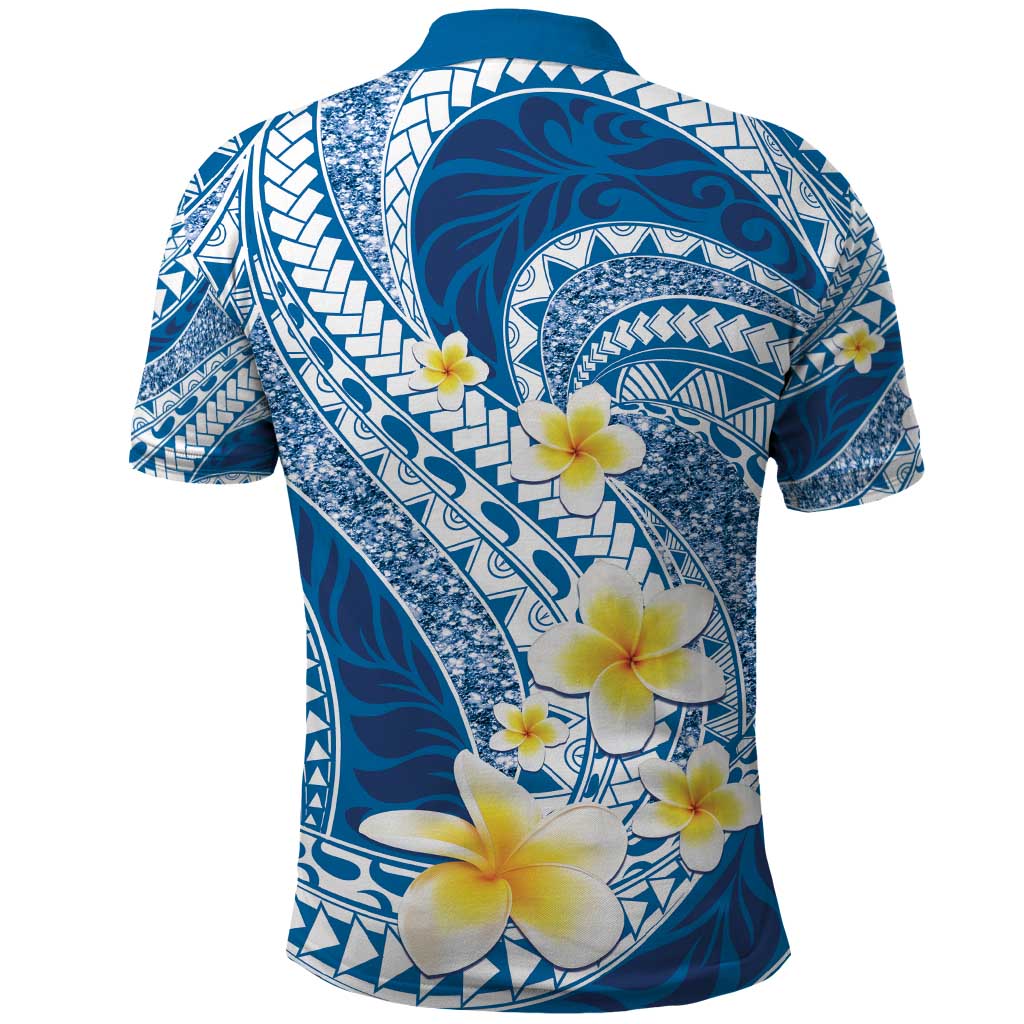 Plumeria Polynesian Blue Glitter Pattern Polo Shirt